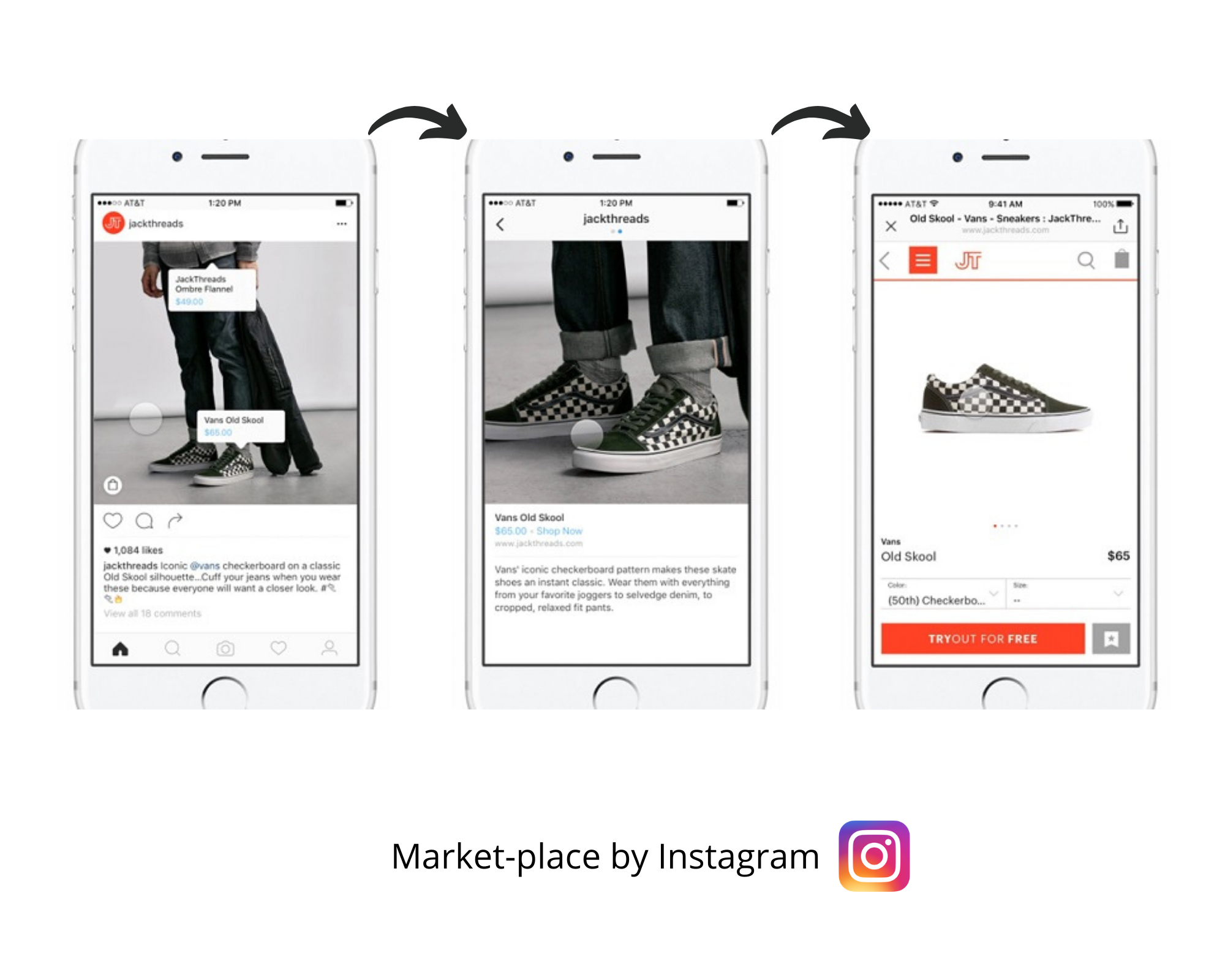 Exemple de pages Instagram représentant l'achat d'un produit directement via la fonctionnalité Market-place de l'application Instagram